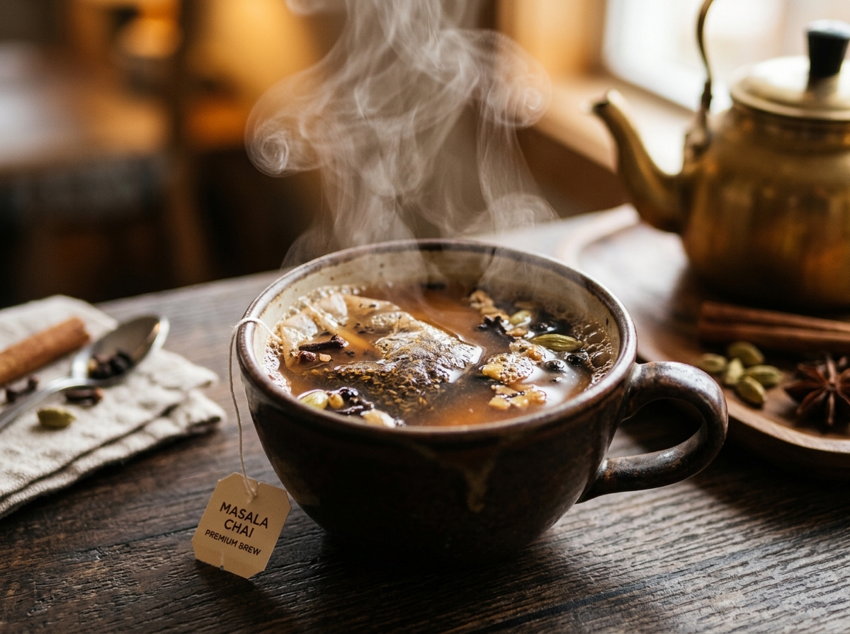 Cup of masala cha with a tea bag, ready to serve