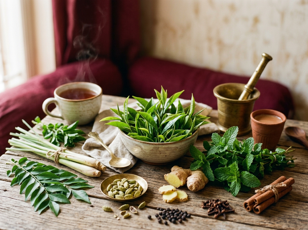 Darjeeling tea leaves and cup